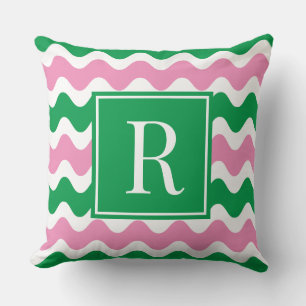 Roze & Groene Preppy Ric Rac Streep Monogram  Kussen