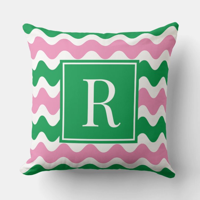 Roze & Groene Preppy Ric Rac Streep Monogram  Kussen (Voorkant)