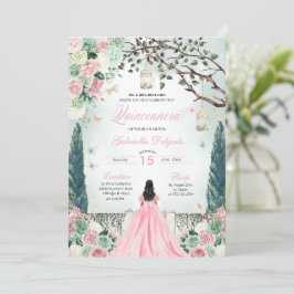 Roze Groene Prinses Betoverde Tuin Quinceanera Kaart