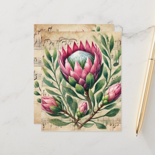  Roze & Groene Protea Bladmuziek Scrapbook (Voorkant / Achterkant in situ)