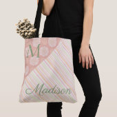Roze groene rendy Floral Stripes Naam Monogram Tote Bag (Dichtbij)