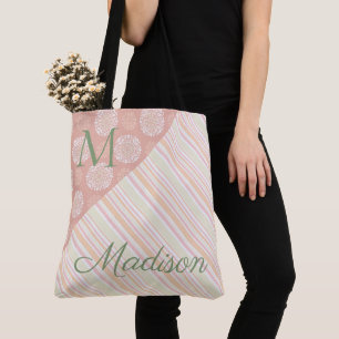 Roze groene rendy Floral Stripes Naam Monogram Tote Bag