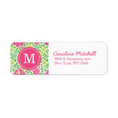Roze & Groene Retro Bloemen Damask Aangepast Monog Etiket (Voorkant)