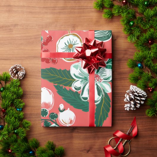 Roze Groene Retro Bloemen Kerstmis Cadeaupapier (Feestdagen Geschenken)