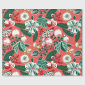 Roze Groene Retro Bloemen Kerstmis Cadeaupapier (Vlak)