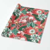 Roze Groene Retro Bloemen Kerstmis Cadeaupapier (Uitgerold)