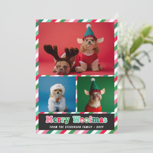 Roze Groene Retro Merry Woofmas Fotocollage Feestdagenkaart (Staand voorkant)