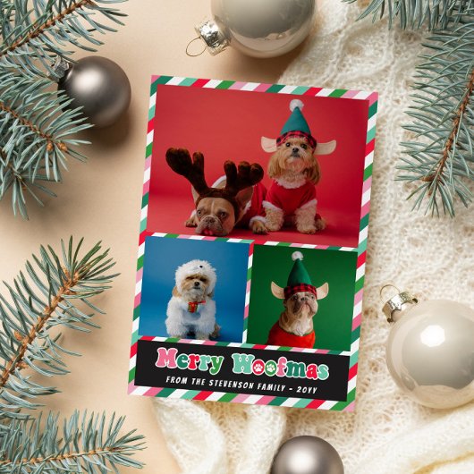 Roze Groene Retro Merry Woofmas Fotocollage Feestdagenkaart