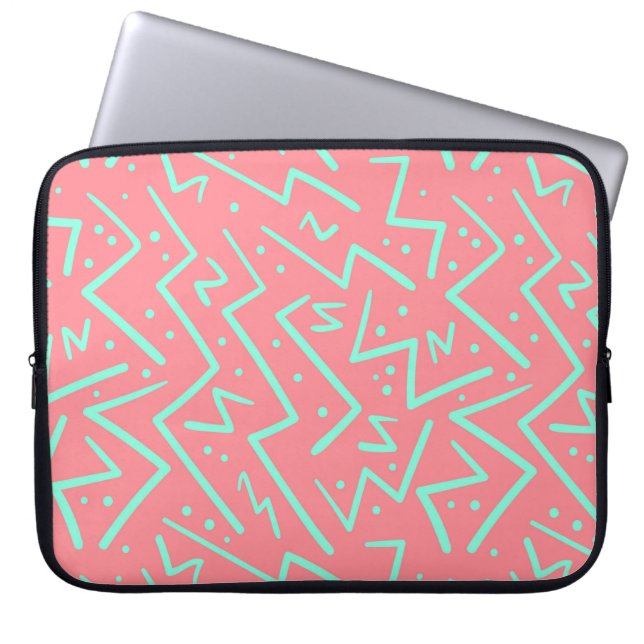 Roze & Groene Retro Psychedelische Ontwerp Laptop Sleeve (Voorkant)