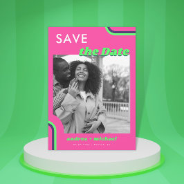 Roze & Groene Retro Regenboog Bruiloft Save The Date