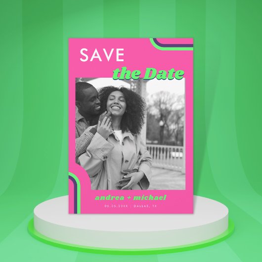 Roze & Groene Retro Regenboog Trouwdag Save The Date