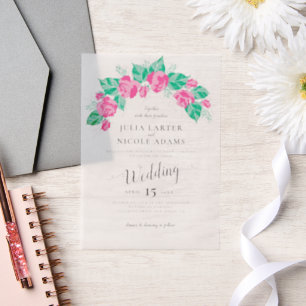 Roze Groene Roos Bloemblaadjes Bloemen Tuin Bruilo Vellum Uitnodigingen