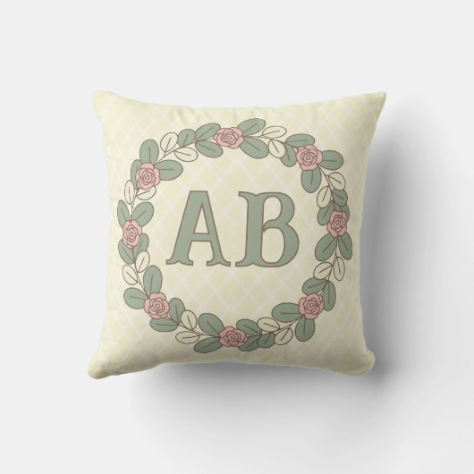 Roze groene rozekrans monogram kussen (Achterkant)