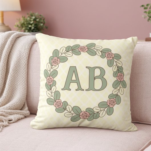 Roze groene rozekrans monogram kussen