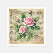 Roze & Groene Rozen Bladmuziek Decoupage Servet (Voorkant)