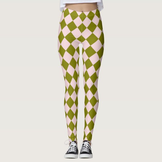 Roze Groene Ruit Diamant Patroon Leggings (Voorkant)