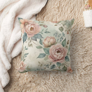 Roze Groene Shabby Waterverf Bloemen Vintage Kussen