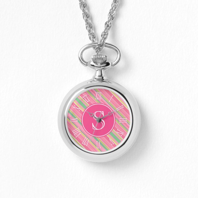 Roze, groene strepen grafische monogram horloge (Voorkant)