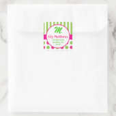 Roze & Groene Strepen Stippen Monogram Adres Stick Vierkante Sticker (Tas)
