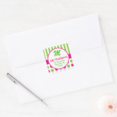 Roze & Groene Strepen Stippen Monogram Adres Stick Vierkante Sticker (Envelop)