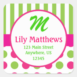 Roze & Groene Strepen Stippen Monogram Adres Stick Vierkante Sticker