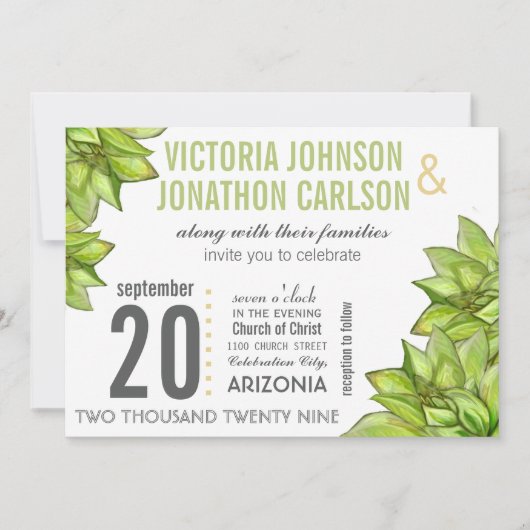 Roze groene Succulent Modern Foto op Rug Wedding Kaart (Voorkant)