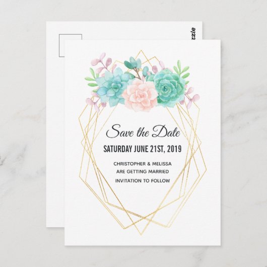 Roze & Groene Succulenten Bruiloft Save the Date Briefkaart (Voorkant / Achterkant)