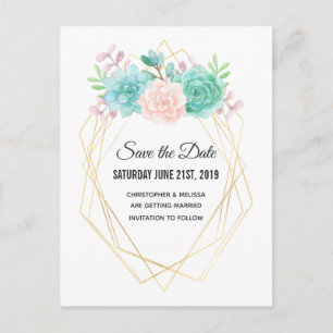 Roze & Groene Succulenten Bruiloft Save the Date Briefkaart
