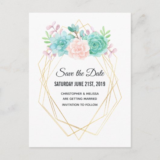Roze & Groene Succulenten Bruiloft Save the Date Briefkaart (Voorkant)