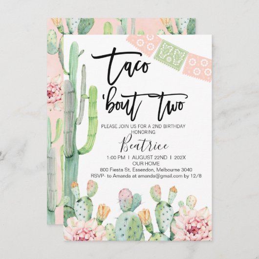 Roze Groene Taco Bout Twee 2e verjaardag Uitnodigi Kaart (Voorkant / Achterkant)