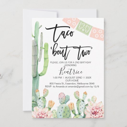Roze Groene Taco Bout Twee 2e verjaardag Uitnodigi Kaart (Voorkant)