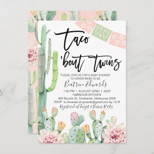 Roze Groene Taco Bout Twins Baby shower Uitnodigin Kaart (Voorkant / Achterkant)