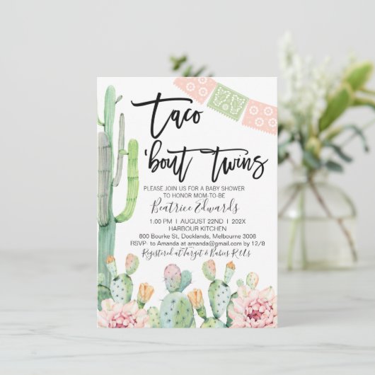 Roze Groene Taco Bout Twins Baby shower Uitnodigin Kaart (Staand voorkant)