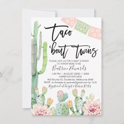 Roze Groene Taco Bout Twins Baby shower Uitnodigin Kaart (Voorkant)