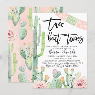 Roze Groene Taco Bout Twins Baby shower Uitnodigin Kaart