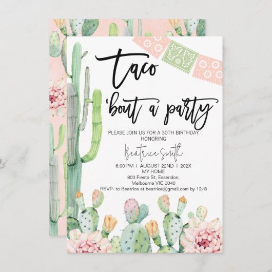 Roze Groene Taco Over Feest Verjaardag Uitnodiging (Voorkant / Achterkant)