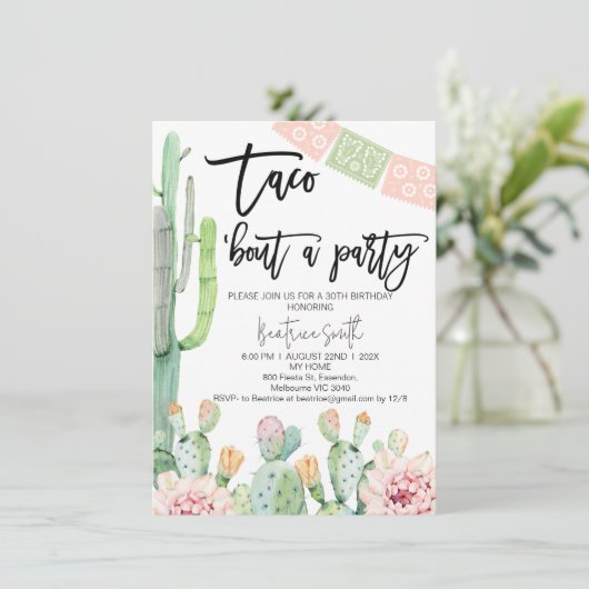 Roze Groene Taco Over Feest Verjaardag Uitnodiging (Staand voorkant)