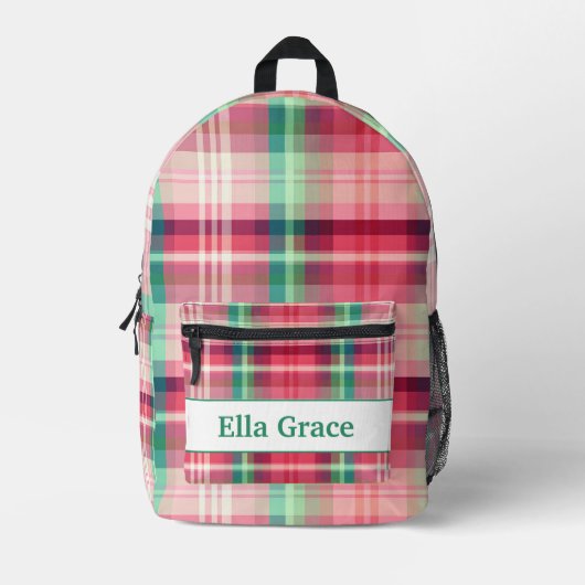 Roze Groene Tartan Plaid Bedrukte Rugzak (Voorkant)
