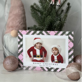 Roze Groene Tartan Plaid Fotokaart voor Kerstmis Feestdagenkaart