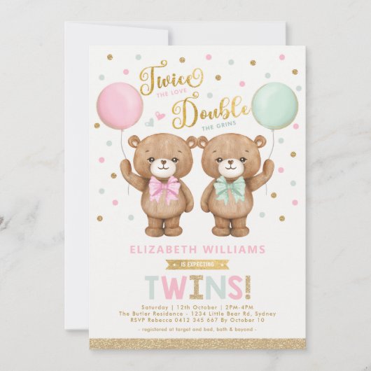 Roze groene Teddy Bear Balloon Twin Baby shower Kaart (Voorkant)