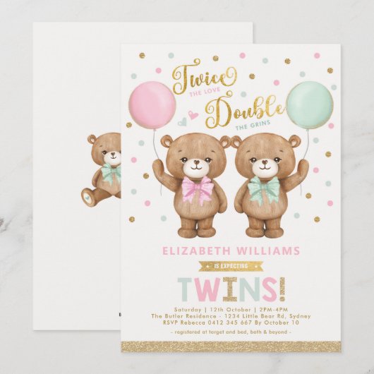 Roze groene Teddy Bear Balloon Twin Baby shower Kaart (Voorkant / Achterkant)
