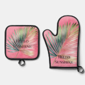 Roze Groene Tropisch Blad Ovenwant & Pannenlap Set (Voorkant)