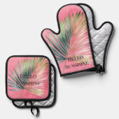 Roze Groene Tropisch Blad Ovenwant & Pannenlap Set (Voorkant / Achterkant)