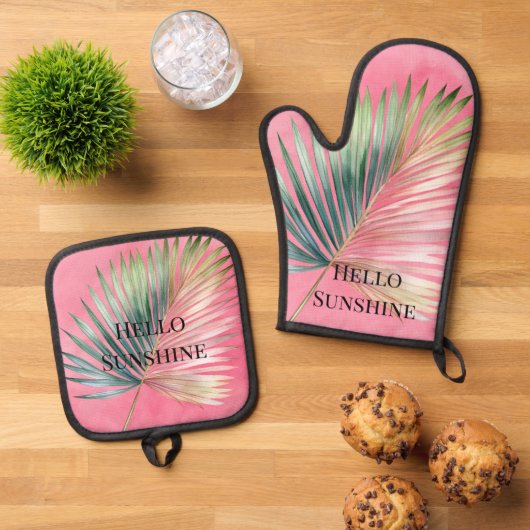 Roze Groene Tropisch Blad Ovenwant & Pannenlap Set (Top down)