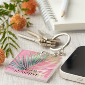 Roze Groene Tropisch Blad Sleutelhanger (Voorkant Rechts)