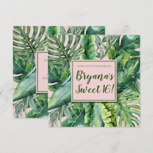 Roze & groene tropische bladeren Sweet 16-feestje Kaart