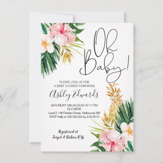 Roze groene tropische bloemen Baby shower Uitnodig Kaart (Voorkant)