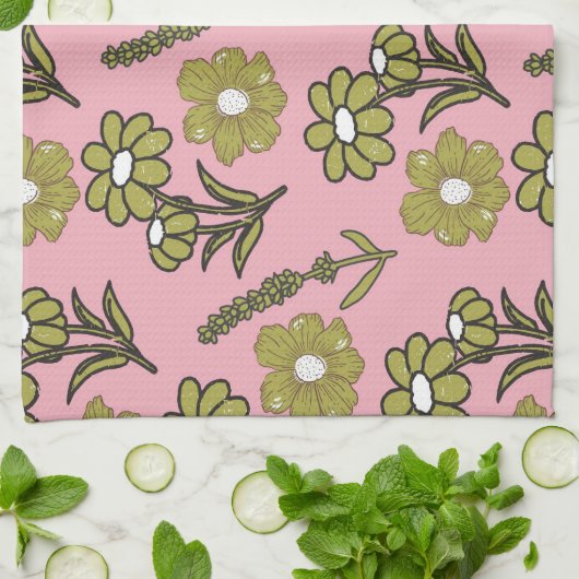 Roze groene tropische bloemen botanische lente zom theedoek (Gevouwen)