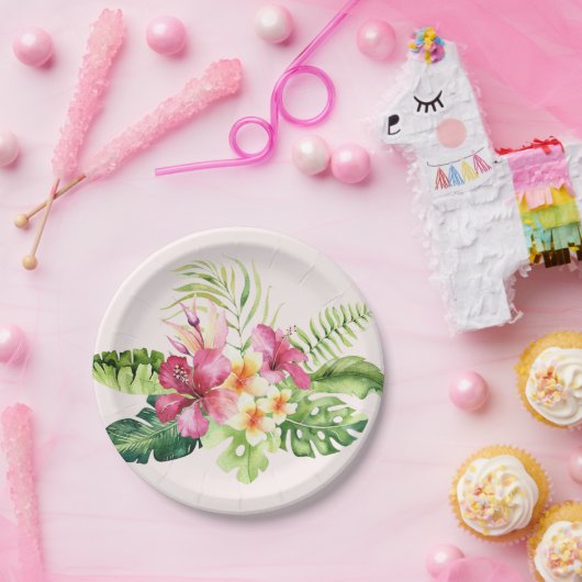 Roze groene, tropische bloemen papieren Borden, 7  Papieren Bordje (Feest)