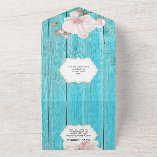 Roze groene tropische orchidee elegant strand hout all in one uitnodiging (Buitenkant)